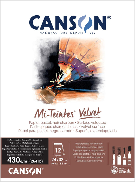 CANSON PADS MI-TEINTES 24x32cm Canson Mi-Teintes Velvet 430gsm Pastel Paper Pads Charcoal Black