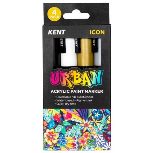 NEW NEW Kent Urban Paint Marker Medium Nib 6mm Blk Wht Gld Slv Pk 4