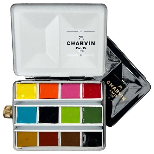 CHARVIN SETS CHARVIN Mini Black Charvin Watercolour Metal Pan Set 12 + Water Box + Linen Pouch