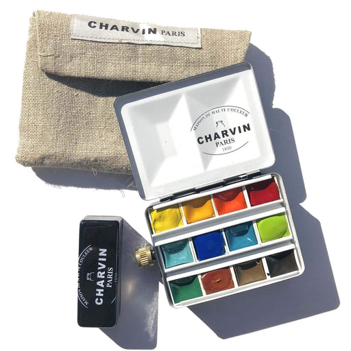 CHARVIN SETS CHARVIN Mini Black Charvin Watercolour Metal Pan Set 12 + Water Box + Linen Pouch